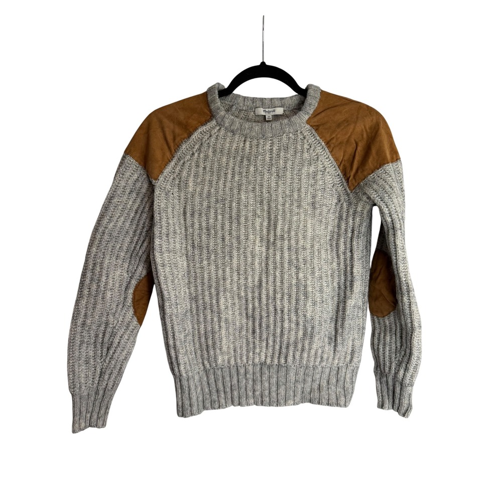 Madewell Gray Ribbed Knit Sweater Suede Shoulder Elbow Patch XS Raglan Pullover